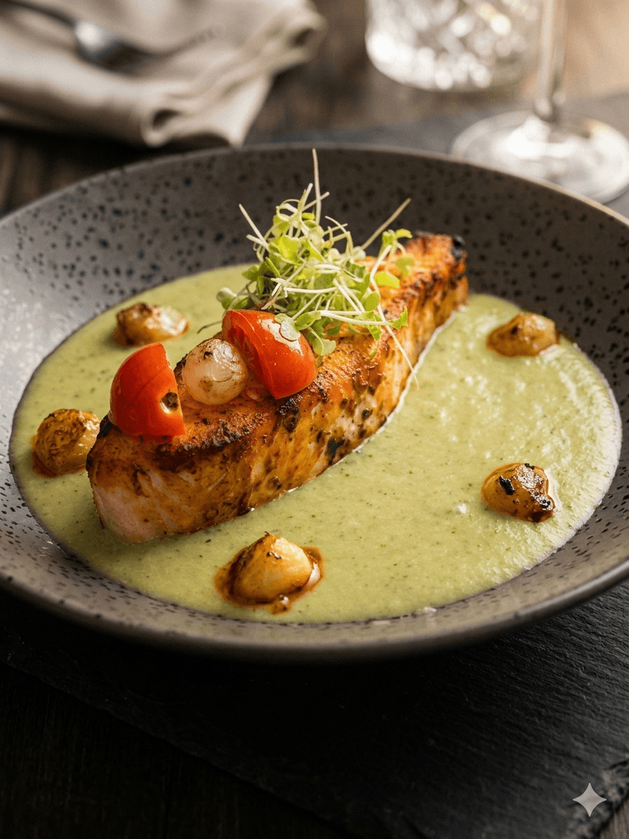 Pan-seared salmon with herb velouté and roasted cherry tomatoes