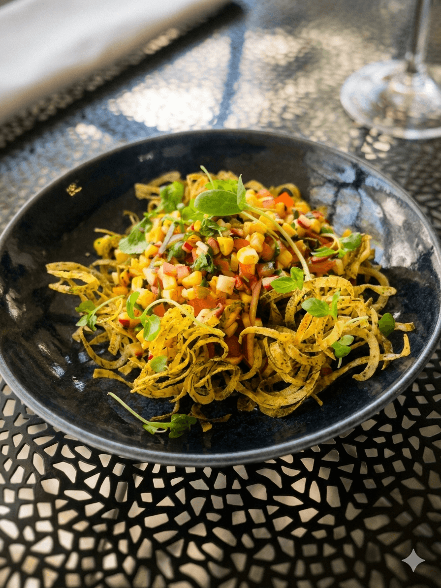 Crispy okra salad with corn, peppers and fresh herbs
