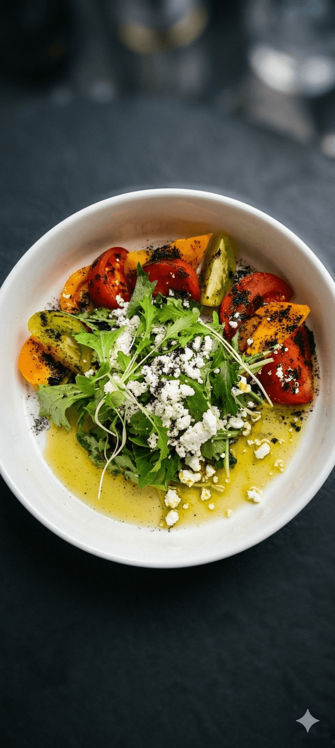Charred vegetable bowl with feta, arugula and citrus dressing